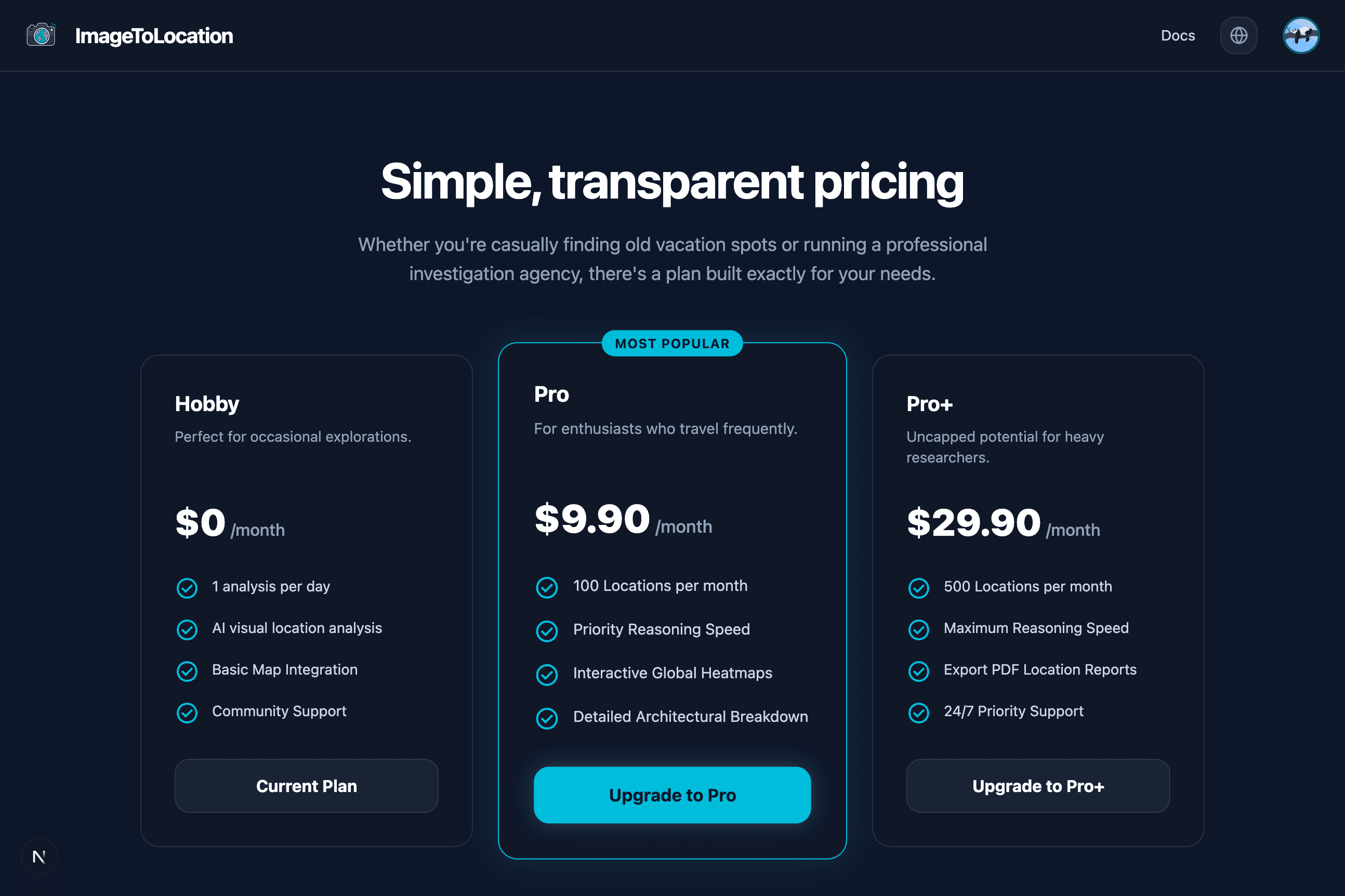 ImageToLocation pricing page